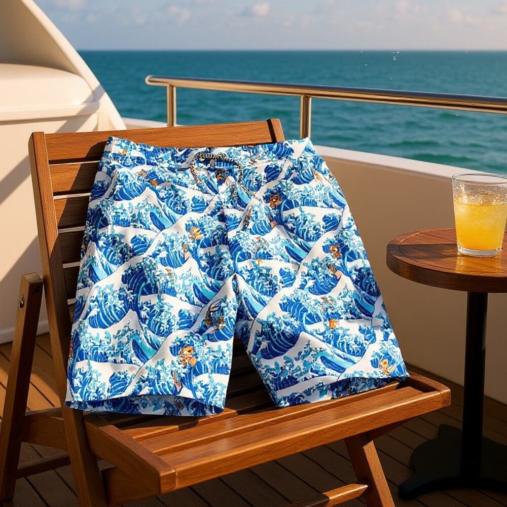 BOARDIES Premium Swim Short Blue White Waves Koi Fish Pockets Mens Small
